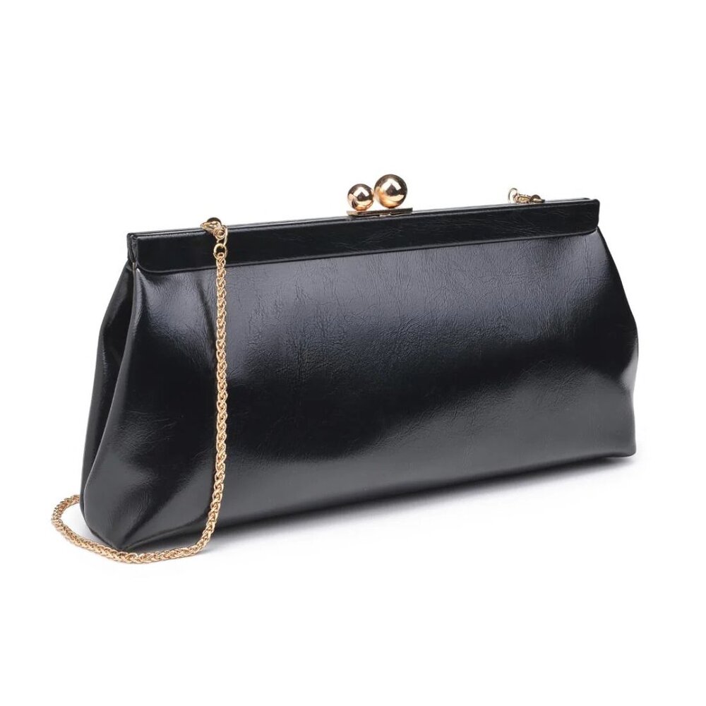 Urban Expression Elegant Women's Black Leather Kiss-lock Clasp Joplin Clutch Bag - Picture 2 of 9